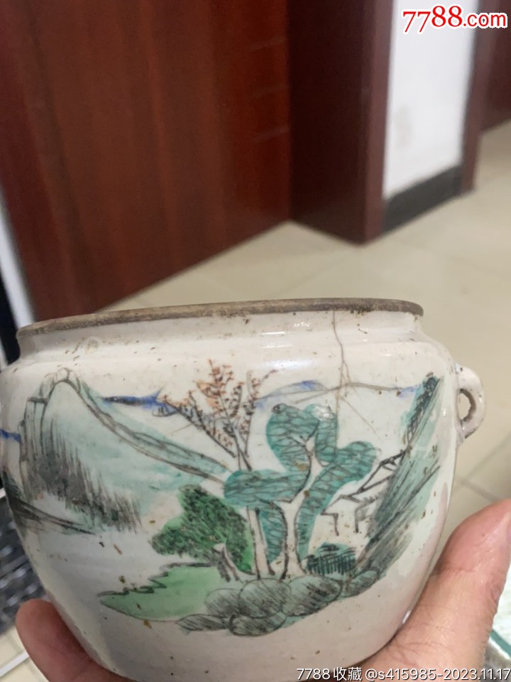 晚清绛彩名家安少山山水多情粥罐
