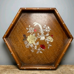 非洲花梨木镶嵌贝壳花鸟六角茶盘.长31厘米高31厘米宽4.
