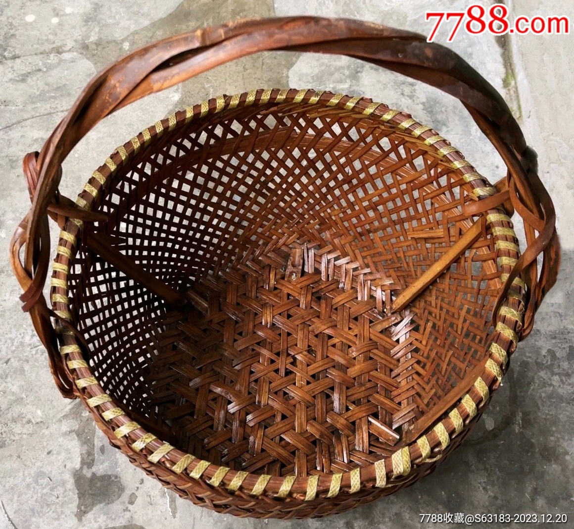 老的纯手工编织竹篮子一只品相非常好非常结实高43厘米口径35厘米品