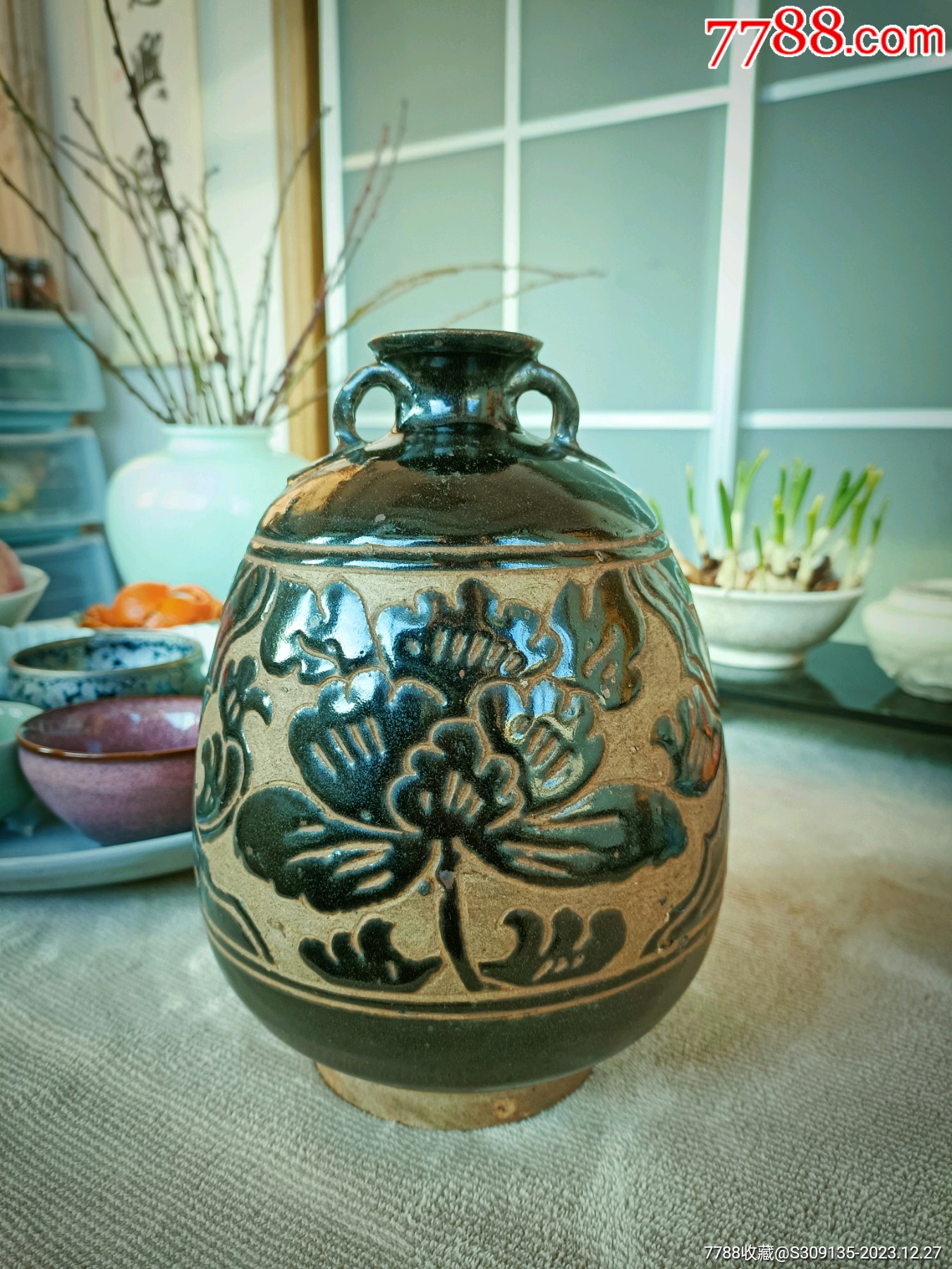 南宋同期磁州窑系西夏灵武窑黑釉剔花牡丹纹双系嘟噜瓶刀刀入泥线条