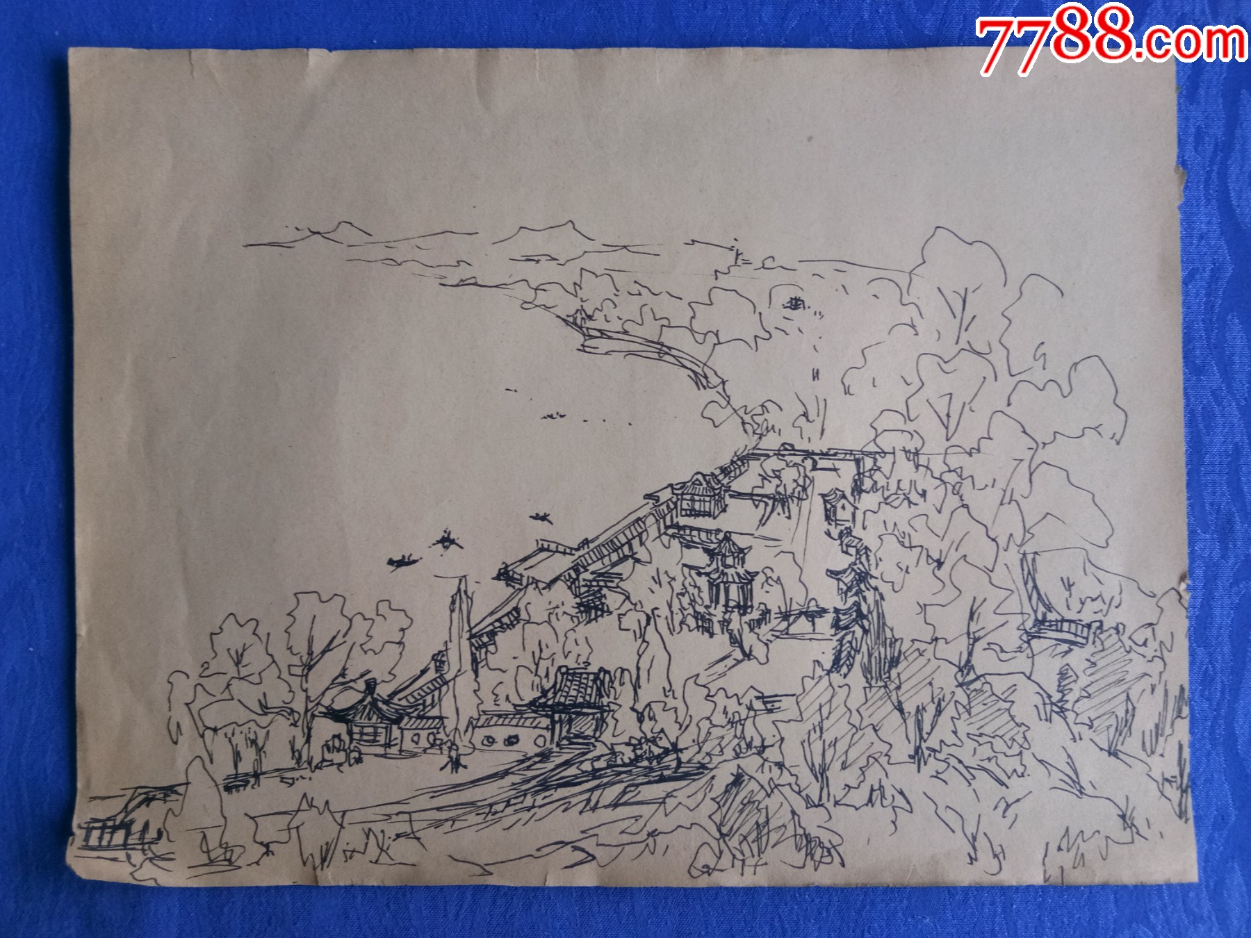 70年代素描速写风景山水画公园一角亭台长廊湖上荡舟