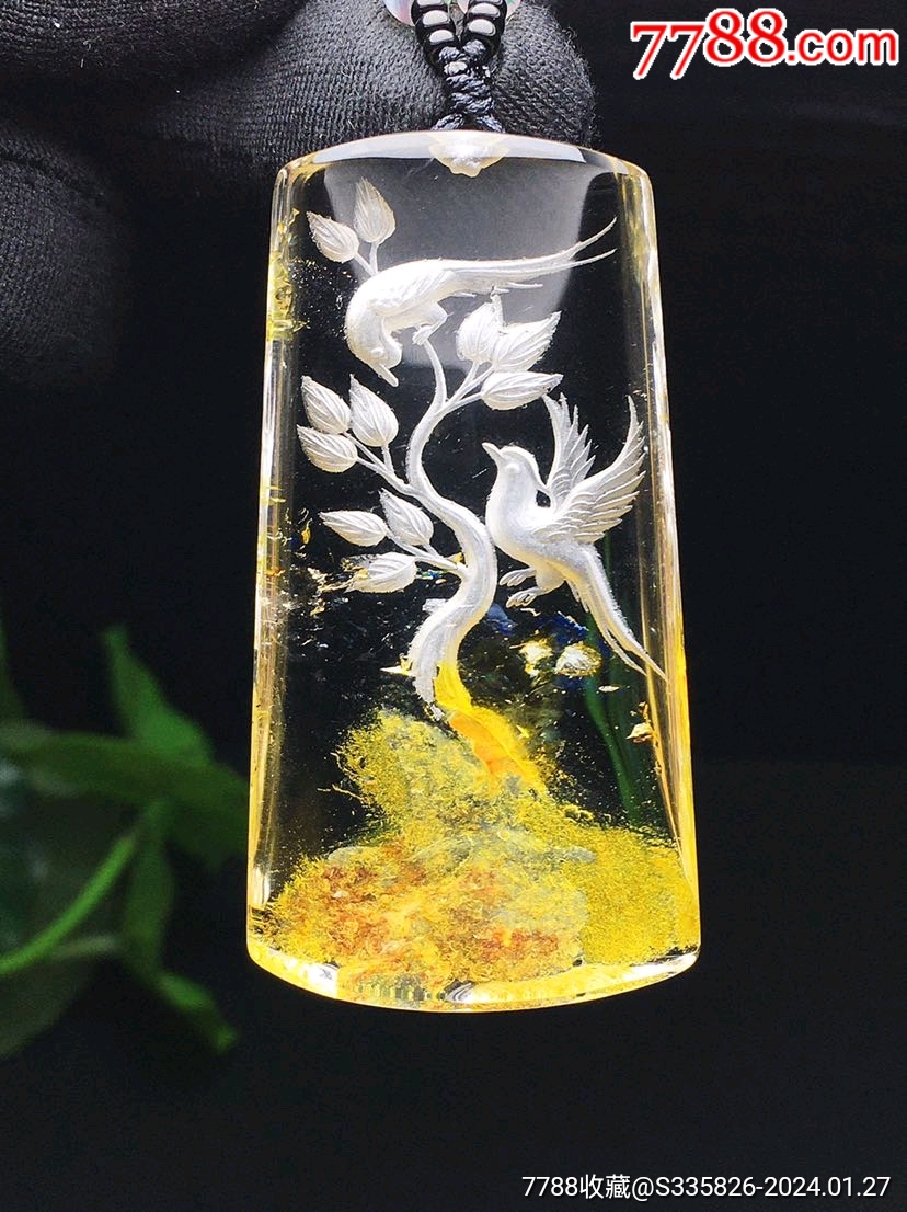 天然黄胶花内雕喜上眉梢水晶吊坠挂件,晶体水透,雕工精湛,利用胶花巧雕成大树,栩_其他水晶工艺_元元珠宝琥珀蜜蜡【7788收藏__收藏热线】
