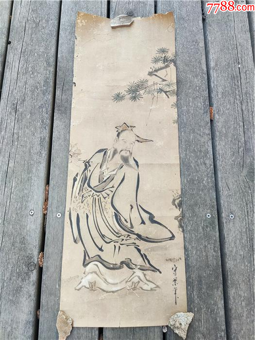 清代墨彩绘东方朔偷桃图绘画小品