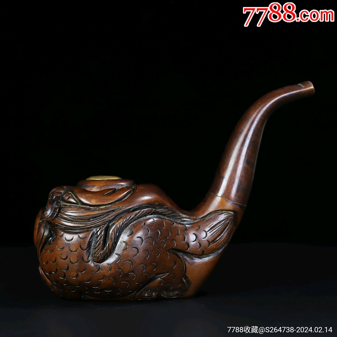 珍藏花梨木雕刻双龙戏珠大烟斗长21厘米宽10厘米