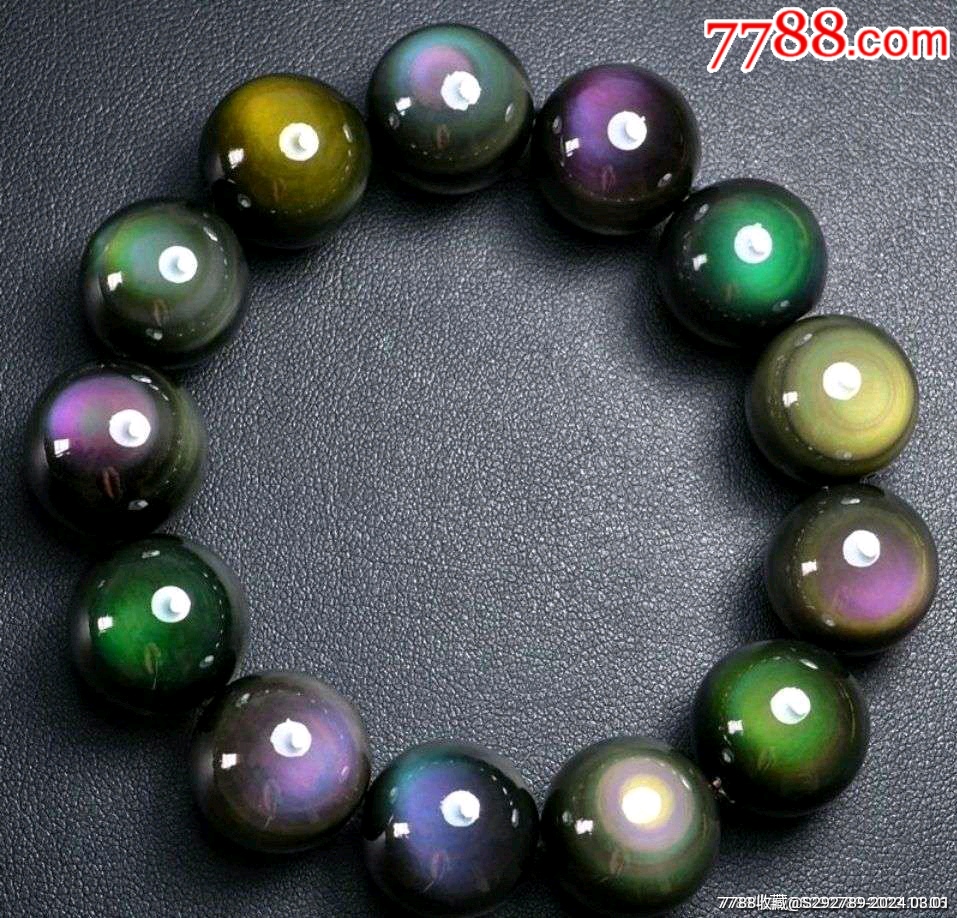 墨西哥天然精品彩虹眼黑曜石圆珠手链手串一条,漂亮的彩虹眼,品相如图