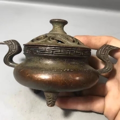 农村回流紫铜香炉熏香炉双狮五福老铜器品相如图