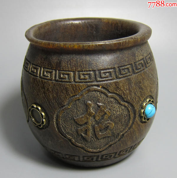 精雕老牛角罐笔筒摆件