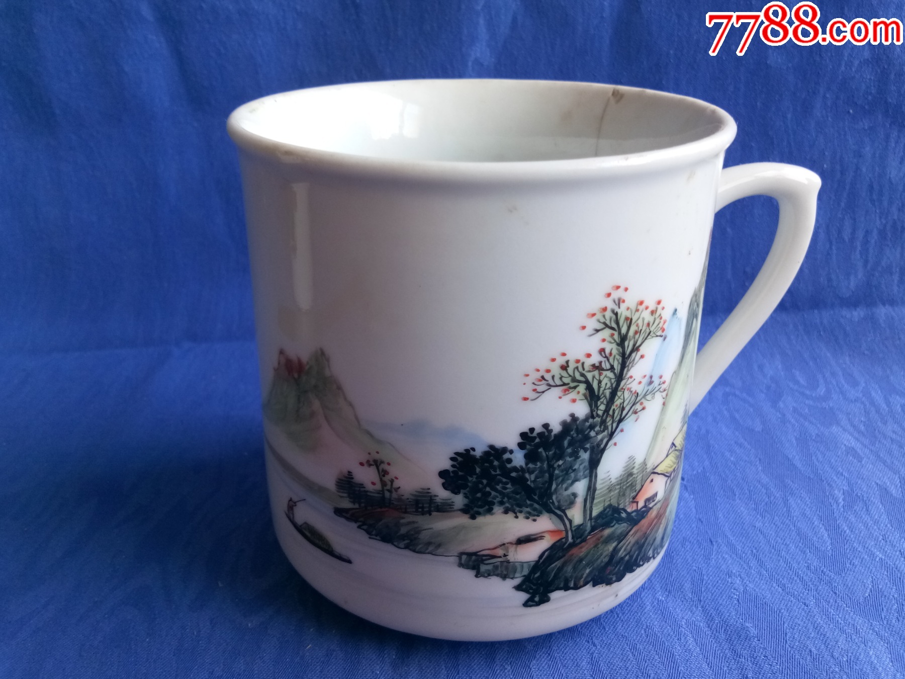 创汇期精品50年代矾红底款醴陵县陶昼生产合作社绘大茶杯粉彩手绘山水