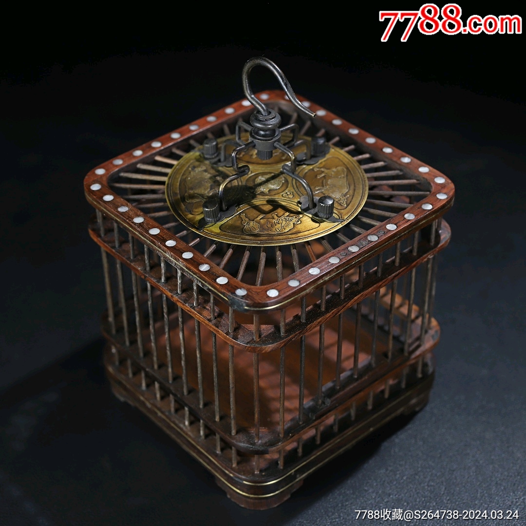 5品￥35099珍藏花梨木镶贝壳带铜挂钩圆蝈蝈笼子,长