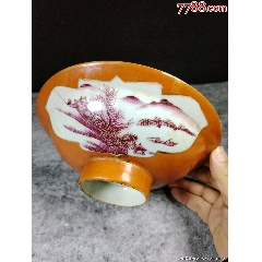 民国珊瑚红折腰高足碗（直径20.6cm）_彩绘瓷/彩瓷_￥199