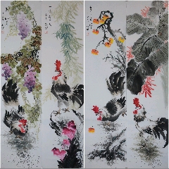《雄鸡四条屏3》著名画家刘博先生作品,尺寸约136*34厘米*4
