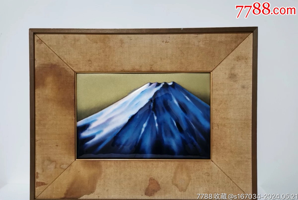 回流安藤七宝店制作七宝烧框画蓝色富士山底部是铜上面浮雕雪山富士山