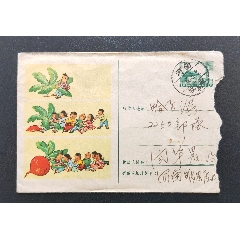 1957-3《拔萝卜》实寄--销“亭”字戳，落戳”哈尔滨”红胶戳_信封/实寄封_￥507