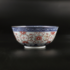 民国时期瓷器玩玉款手绘青花彩玲珑斗彩碗