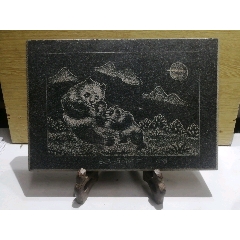 60年代早期福建惠安纯手工影雕大熊猫石雕板（68迠材厂）赠送现代鸡翅木木架放心拍