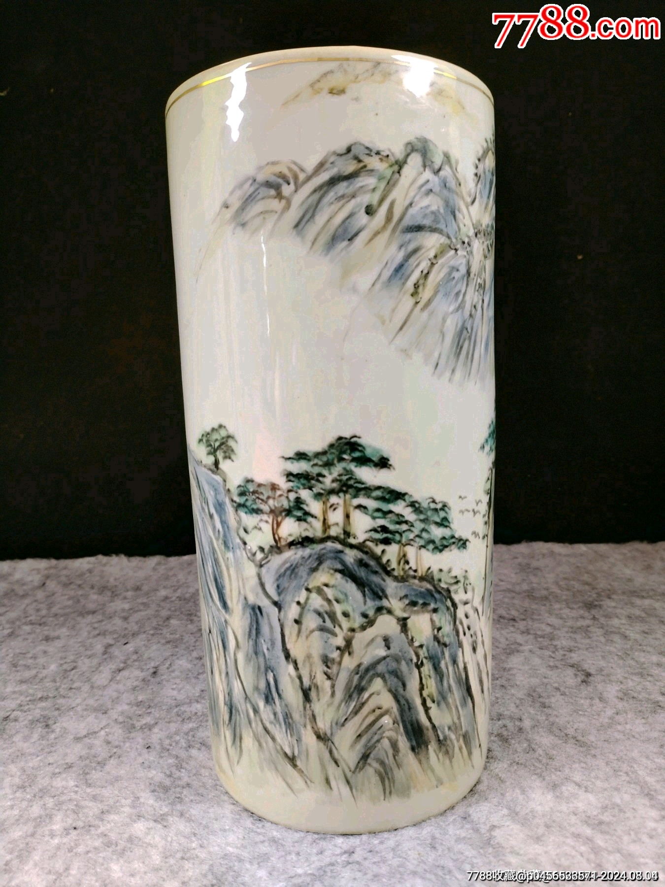 （全美品）解放初1977年手繪淺絳彩山水帽筒，高26.5cm_價格333元_第2張_