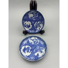 柴烧花鸟青花盘,共2枚,所见即所得 /strong>_青花瓷_白地青花_民国_碟