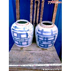  strong>民国手绘青花喜字罐一对 /strong>_青花瓷_白地青花_民国_罐