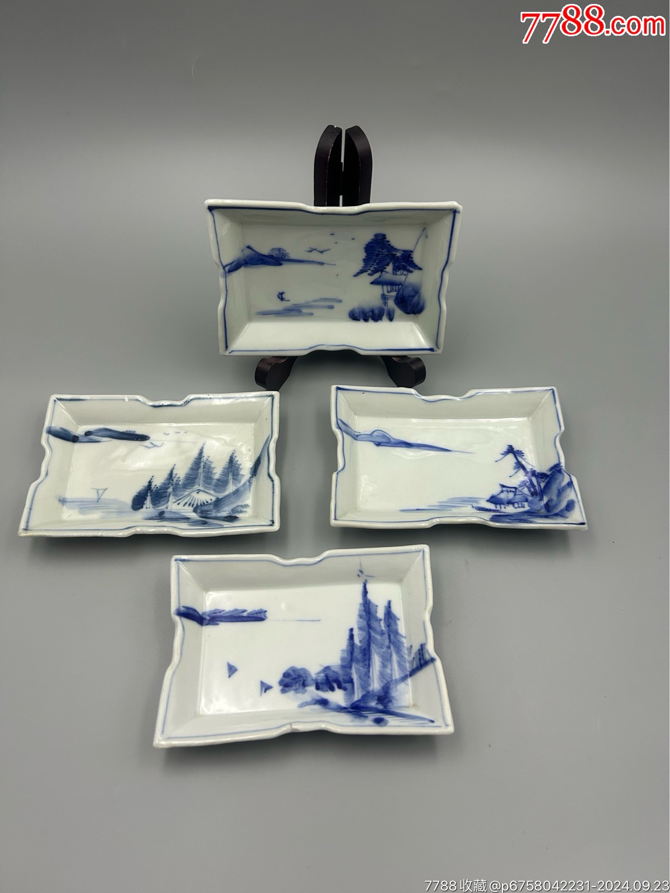 民国,手绘青花山水盘,共4枚_青花瓷_收藏价格_交易出手_7788人民币