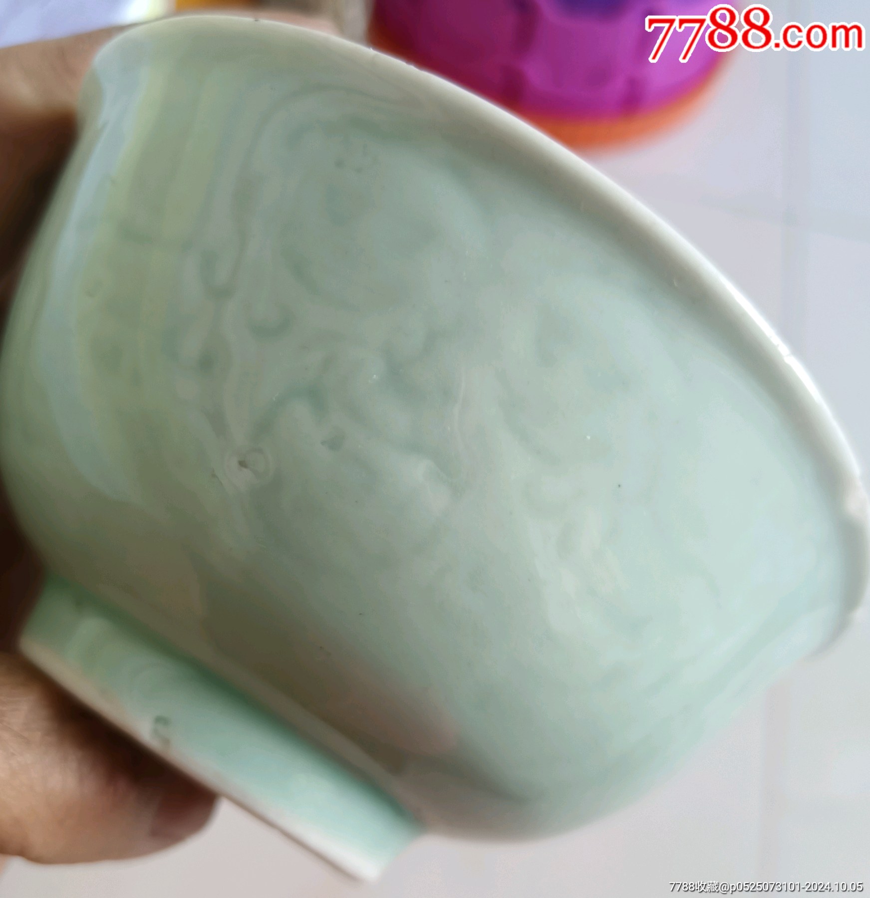 民国暗印双狮戏球纹青釉碗纹少见代表吉祥权威小磕