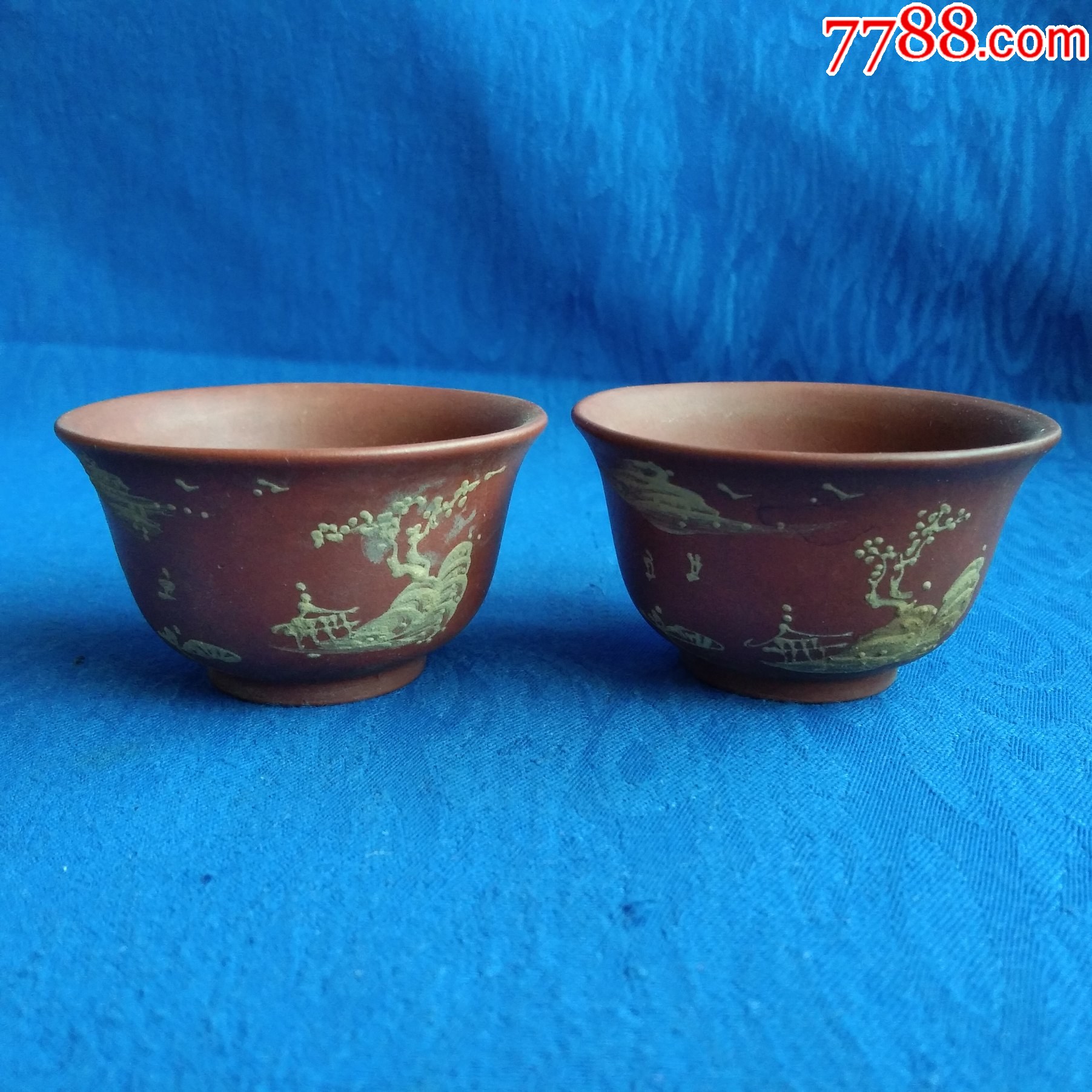 5678精品创汇期80年代中国宜兴紫砂杯一对功夫茶杯酒杯泥绘山水风景