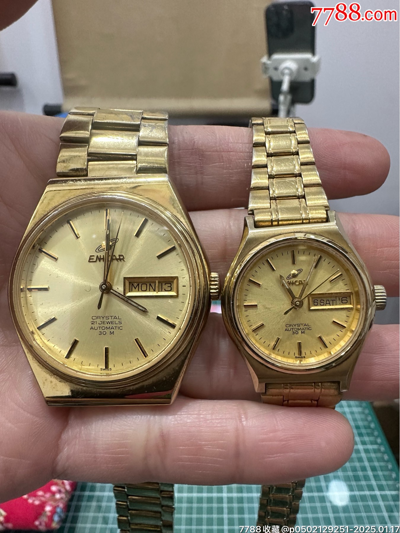 1对情侣瑞士英纳格enicar透底双历自动机械表2158888