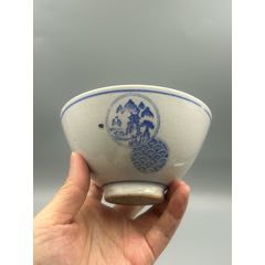 民國(guó)，手繪青花人物山水松竹紋斗笠碗，一枚