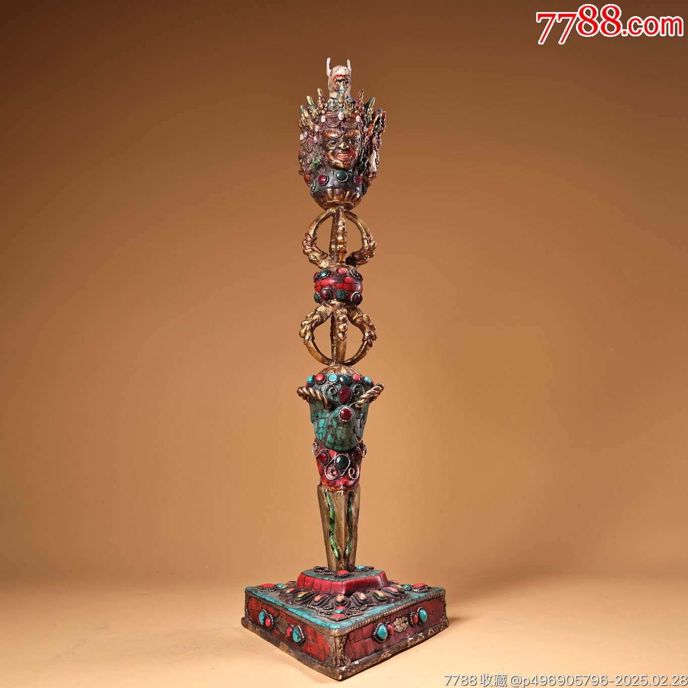 珍品旧藏西藏收纯铜西藏工艺镶嵌宝石彩绘描金密宗马头金刚降魔杵法器_ 其它佛/道藏品_真诚玉园【7788收藏__收藏热线】