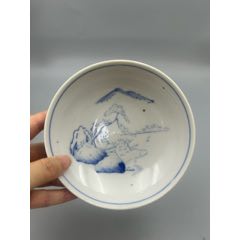 老青花山水涼亭紋深盤，碗，底部帶款，一枚全品