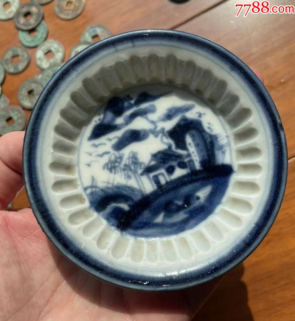 清中期：青花田園畫片葵口碟3件，帶款，全品！_價格618元【優(yōu)品好店】_第3張_