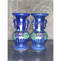 全美品民國(guó)祭藍(lán)釉加彩花卉紋瓶2只(zc40671881)_7788收藏__收藏?zé)峋€