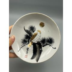 老柴燒，手繪松樹鳥紋老瓷盤，一枚