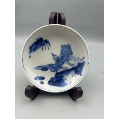 手繪老青花，遠山近水涼亭紋賞盤，一枚