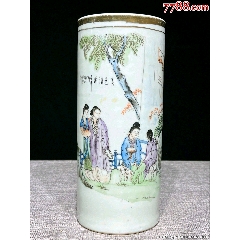 全品）民国粉彩细路人物美色清华仕女图帽筒尺寸高28.5公分，品相