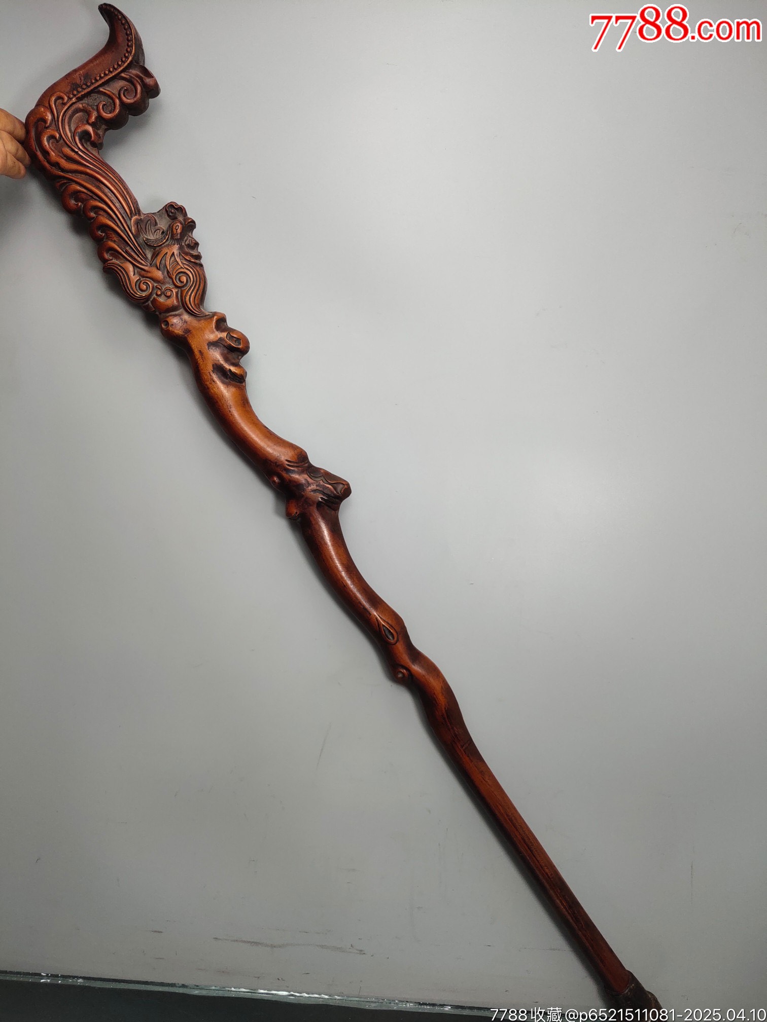 旧藏老桃木雕刻凤凰拐杖