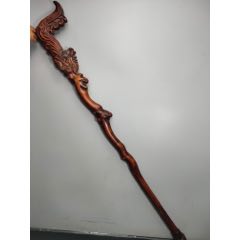 舊藏老桃木雕刻鳳凰拐杖_