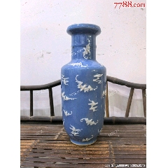 回流寶石藍釉浮雕富貴滿堂棒槌瓶擺件百福_