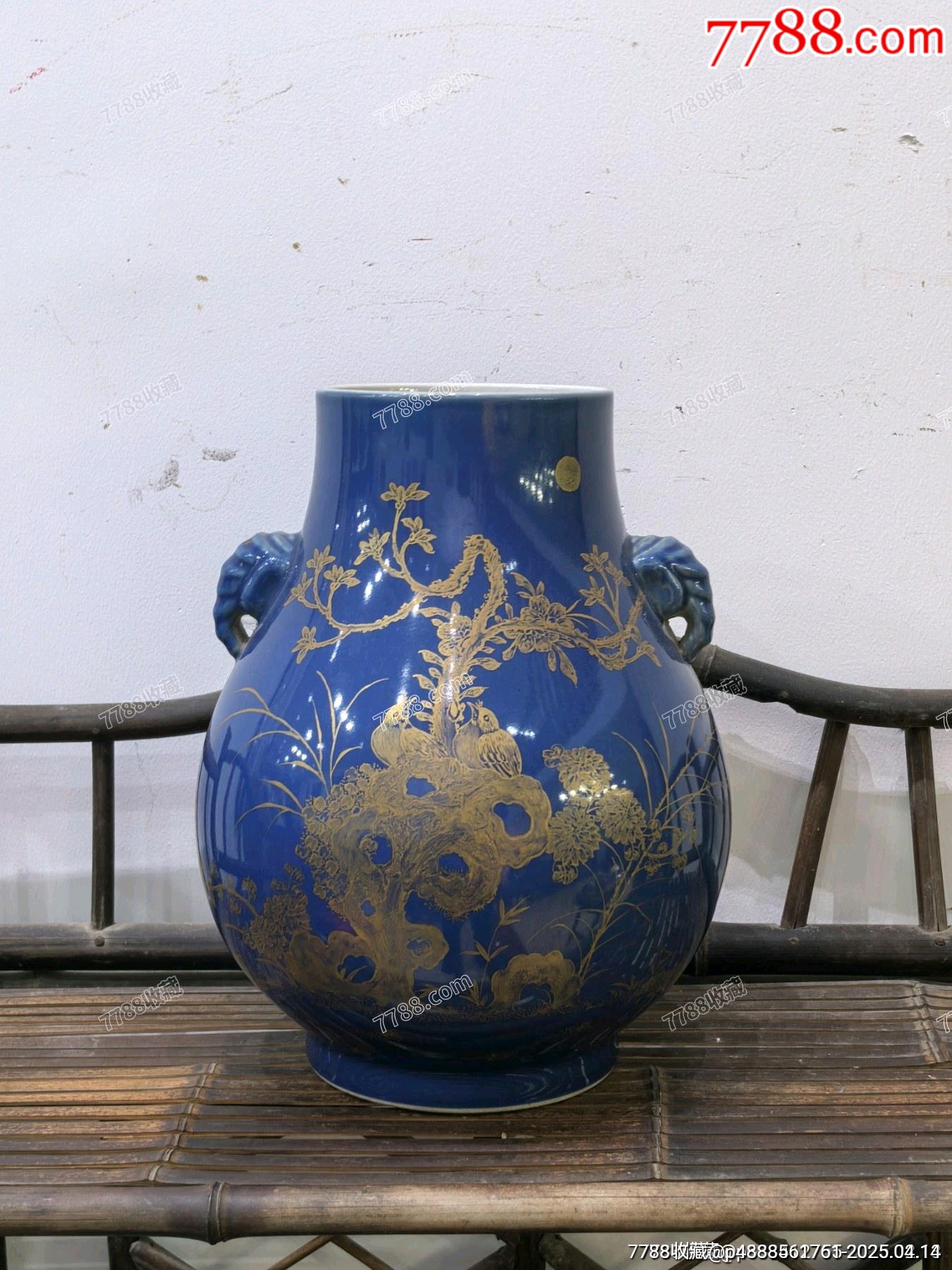 回流大清光緒年制祭藍釉描金花鳥紋雙耳尊_價格2381元【蘭馨堂古玩收藏藝術】_第1張_