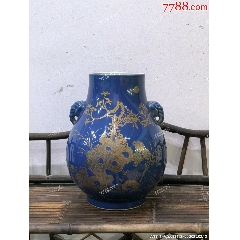 回流大清光緒年制祭藍釉描金花鳥紋雙耳尊_