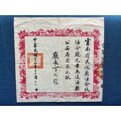 民國二十三年，云南省民政廳委任狀，委任公*安局長，大尺寸，稀少