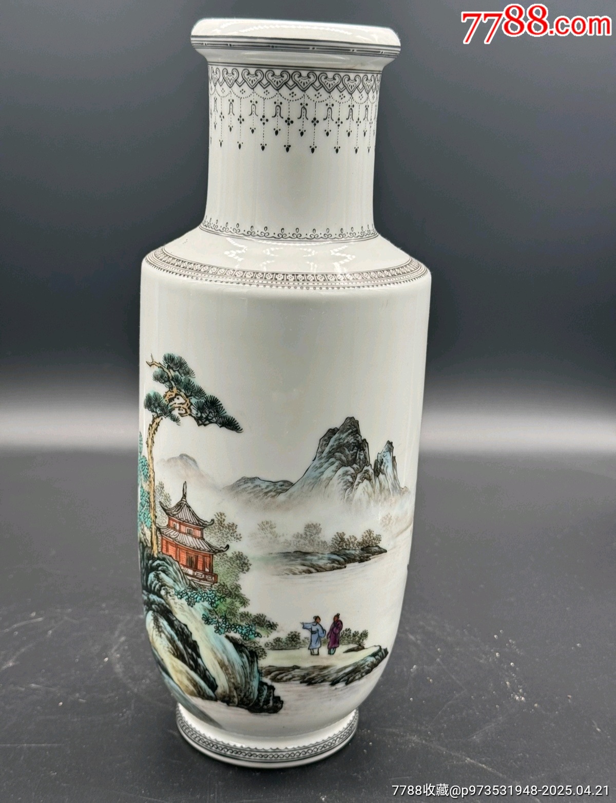 解放初五十年代三隆款亭臺樓閣山水紋棒槌瓶品相：底打孔，其余全品尺寸：30cm包老_價格540元_第2張_