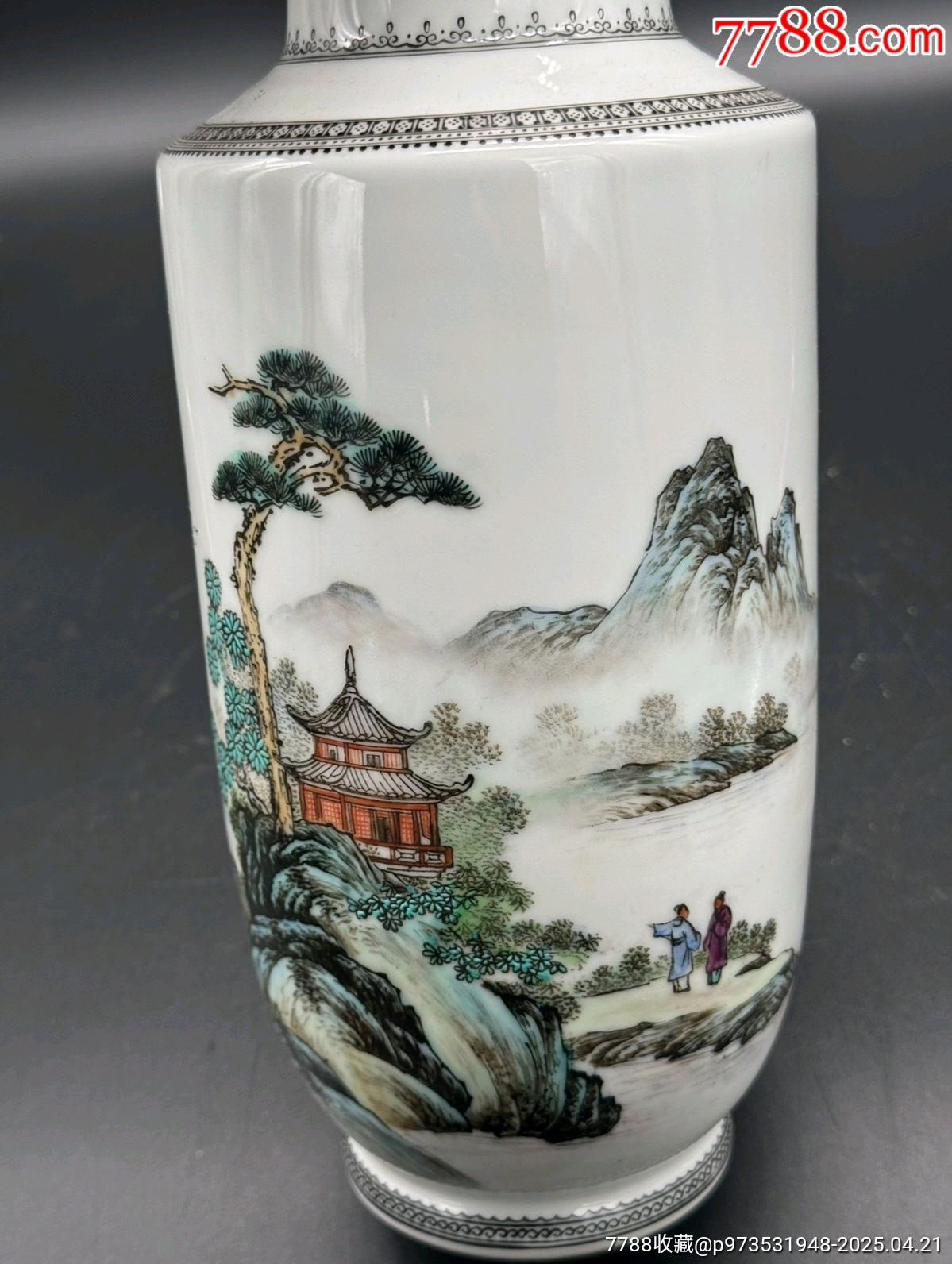 解放初五十年代三隆款亭臺樓閣山水紋棒槌瓶品相：底打孔，其余全品尺寸：30cm包老_價格540元_第7張_