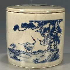 青花松鶴圖紋蛐蛐罐手工中式老瓷器家居裝飾精品擺件
