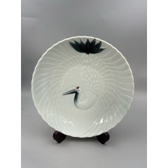 手繪浮雕仙鶴青釉大賞盤，壺承，直徑約25厘米，一枚（全品）