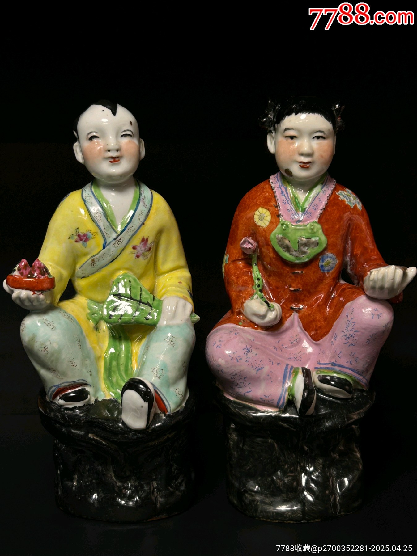 解放初景德鎮(zhèn)粉彩手繪金童玉女童子雕塑擺件尺寸：高32.5cm無磕無沖品_價(jià)格589元_第1張_