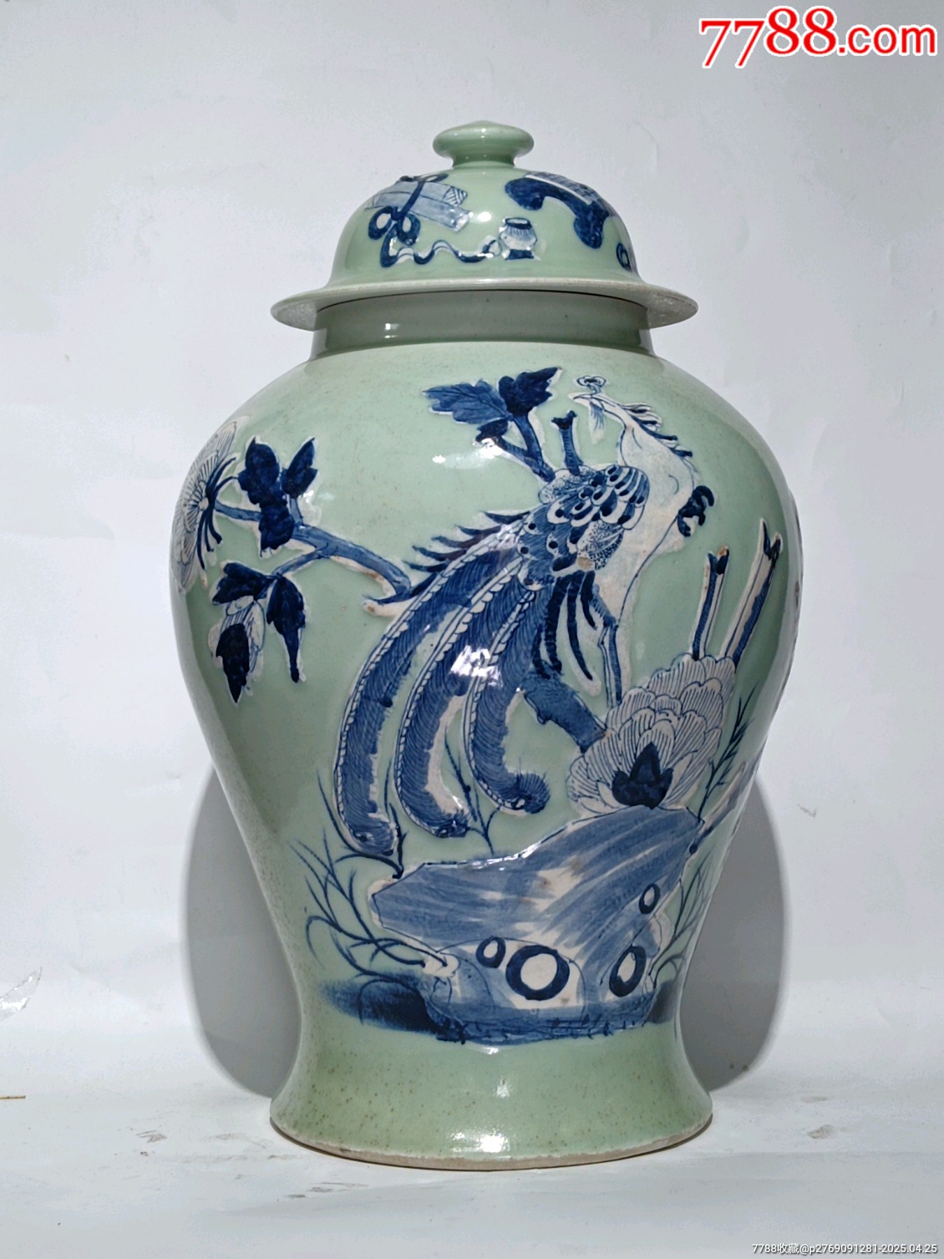 晚清豆青地堆白青花鳳凰牡丹圖將軍罐_價格4465元_第1張_