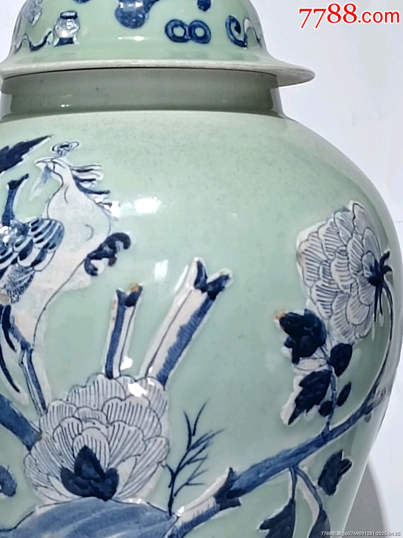 晚清豆青地堆白青花鳳凰牡丹圖將軍罐_價格4465元_第3張_