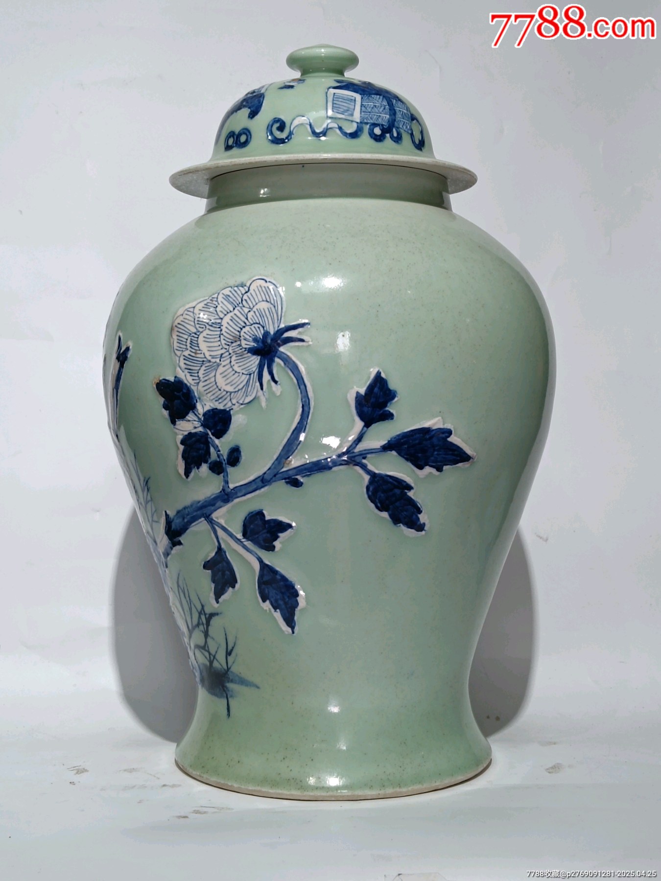 晚清豆青地堆白青花鳳凰牡丹圖將軍罐_價格4465元_第5張_