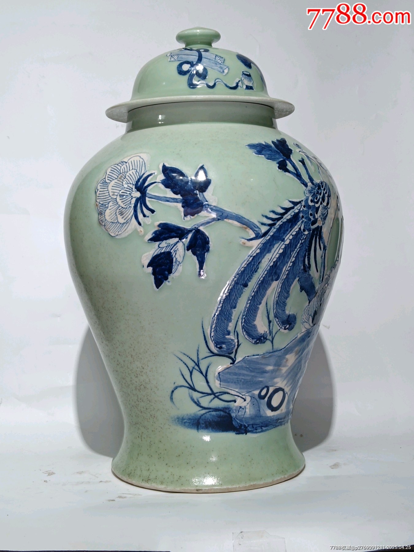 晚清豆青地堆白青花鳳凰牡丹圖將軍罐_價格4465元_第7張_