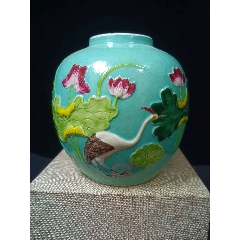 （全品）清末民初松石綠地粉彩堆塑一鷺蓮升茶葉罐品相：全品尺寸：高13cm(zc41117905)